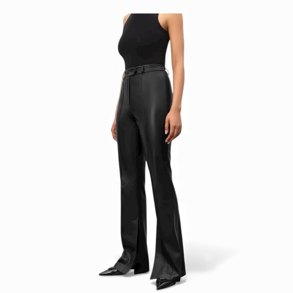 COMMENSE High Waisted Leather Straight Leg Flare Black Pants Size Medium NWT